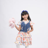 Girls - Denim Pinafore Dress With Floral Print Top and legging