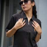 Women's Ribbed Zip-Up Polo T-Shirt