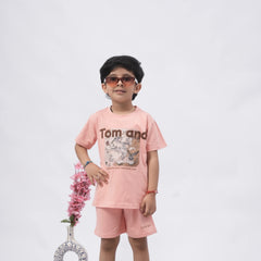 Tom & Jerry Boys’ Coord Set – Cartoon Print T-Shirt & Shorts (Black, Off White, Brown, Pink)