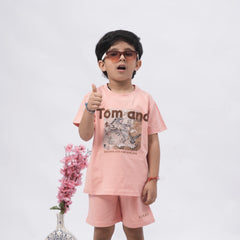 Tom & Jerry Boys’ Coord Set – Cartoon Print T-Shirt & Shorts (Black, Off White, Brown, Pink)