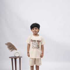 Tom & Jerry Boys’ Coord Set – Cartoon Print T-Shirt & Shorts (Black, Off White, Brown, Pink)