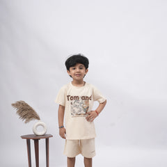 Tom & Jerry Boys’ Coord Set – Cartoon Print T-Shirt & Shorts (Black, Off White, Brown, Pink)
