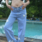 Women’s Light Blue Floral Embroidered Jeans – Trendy Straight Fit Denim