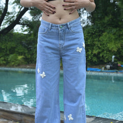 Women’s Light Blue Floral Embroidered Jeans – Trendy Straight Fit Denim