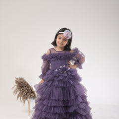 Layered Fancy Floral Bow Gown with Cut Sleeves for Kids - Elegant Party Wear