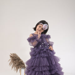 Layered Fancy Floral Bow Gown with Cut Sleeves for Kids - Elegant Party Wear