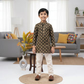 Boys Black & Gold Printed Kurta Pajama Set – Elegant Kids Ethnic Wear