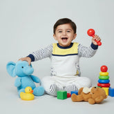 Soft Cotton Baby Romper - Yellow & Navy Blue Striped with Adorable Bear Design