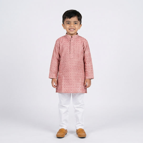 Boys Pink Embroidered Kurta Pajama Set – Traditional Ethnic Wear for Kids