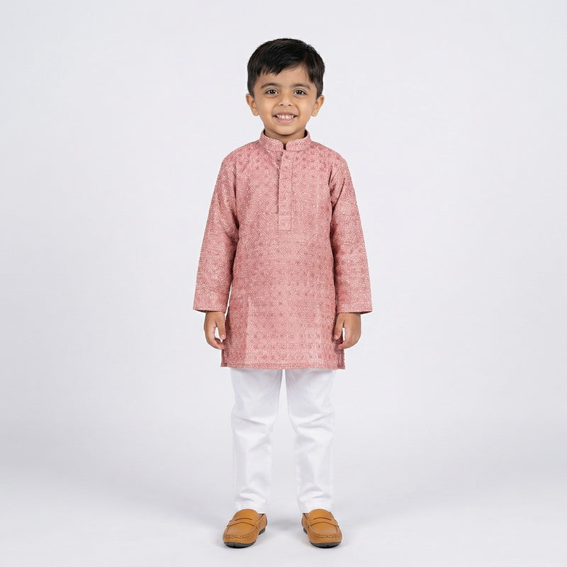 Boys Pink Embroidered Kurta Pajama Set – Traditional Ethnic Wear for Kids