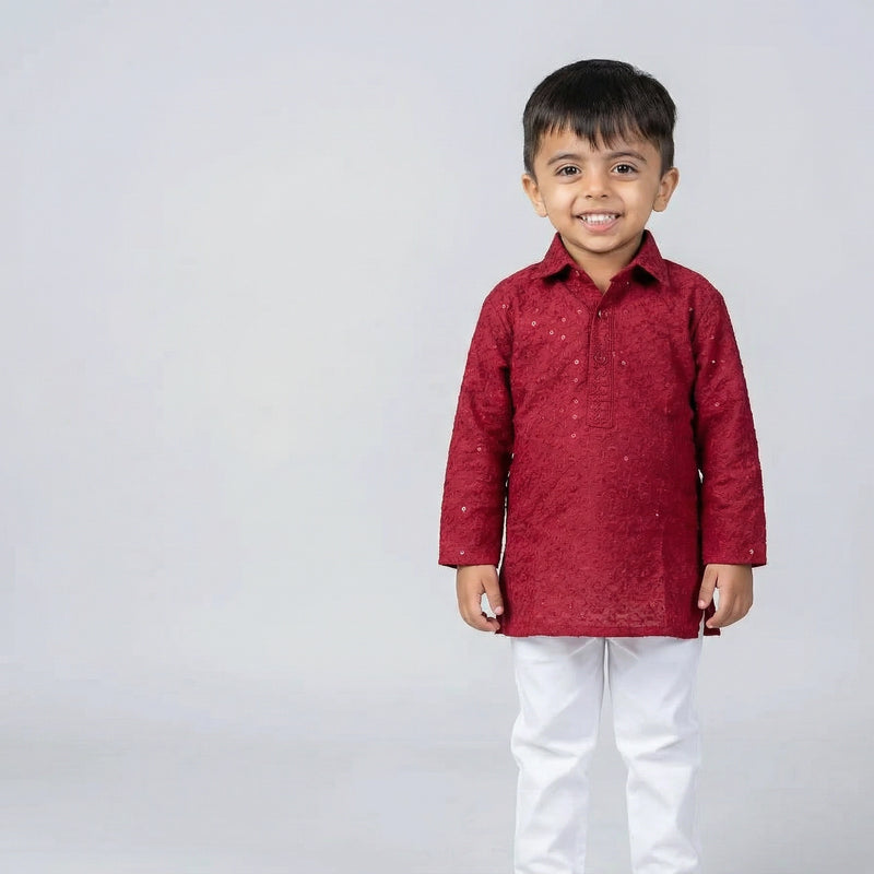 Boys Red Embroidered Kurta Pajama Set – Traditional Festive Ethnic Wear for Kids - KD-B-ETH-10014