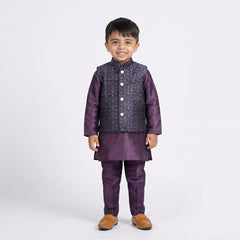 Boys Purple Kurta Pajama with Embroidered Nehru Jacket Set – Traditional Ethnic Wear for Kids