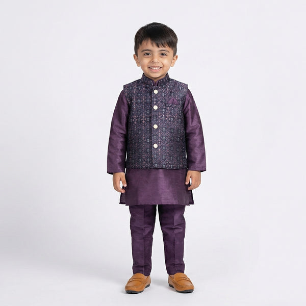 Boys Purple Kurta Pajama with Embroidered Nehru Jacket Set – Traditional Ethnic Wear for Kids