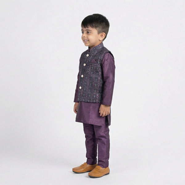 Boys Purple Kurta Pajama with Embroidered Nehru Jacket Set – Traditional Ethnic Wear for Kids