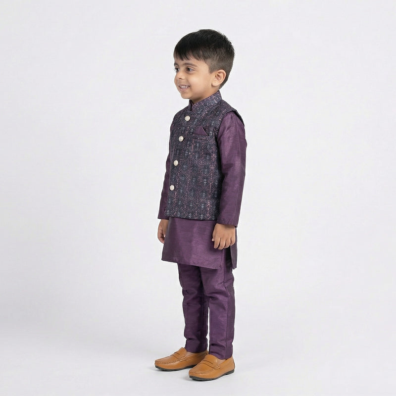 Boys Purple Kurta Pajama with Embroidered Nehru Jacket Set – Traditional Ethnic Wear for Kids