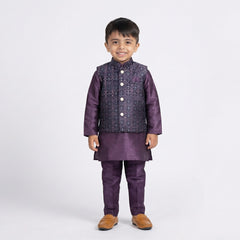 Boys Purple Kurta Pajama with Embroidered Nehru Jacket Set – Traditional Ethnic Wear for Kids