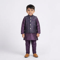 Boys Purple Kurta Pajama with Embroidered Nehru Jacket Set – Traditional Ethnic Wear for Kids