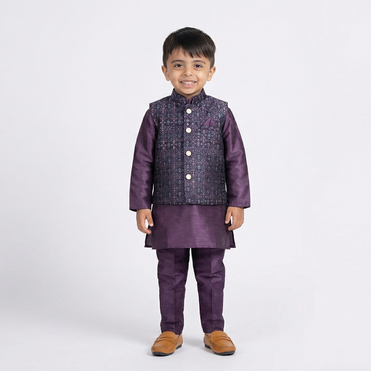 Boys Purple Kurta Pajama with Embroidered Nehru Jacket Set – Traditional Ethnic Wear for Kids - image 1