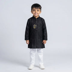 Boys Black Embroidered Lucknowi Kurta with White Pajama Set