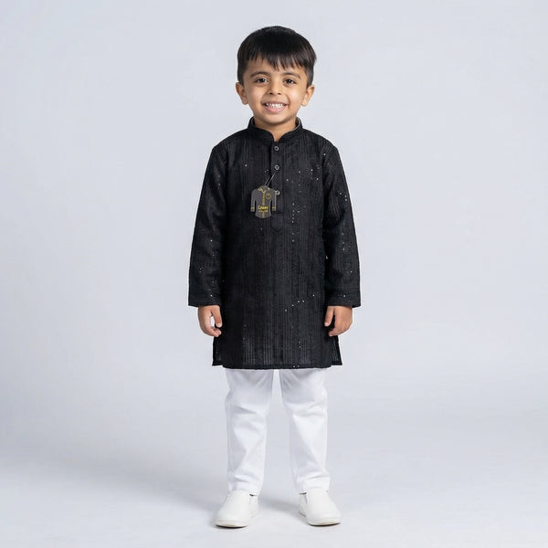 Boys Black Embroidered Lucknowi Kurta with White Pajama Set