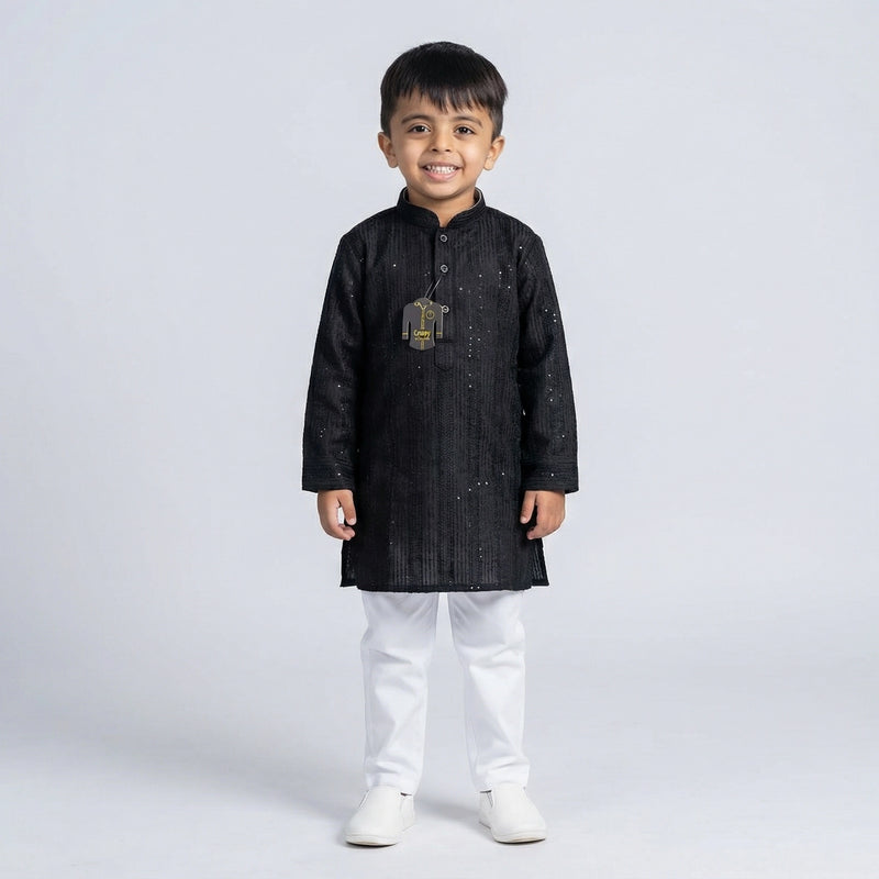 Boys Black Embroidered Lucknowi Kurta with White Pajama Set