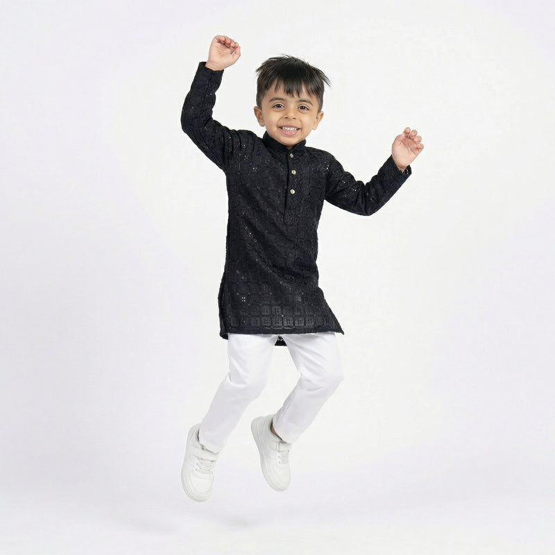Boys Black Embroidered Kurta Set with White Pajama – Festive & Wedding Ethnic Wear for Kids