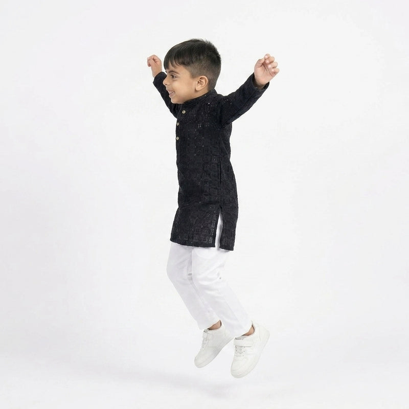Boys Black Embroidered Kurta Set with White Pajama – Festive & Wedding Ethnic Wear for Kids