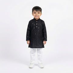 Boys Black Embroidered Kurta Set with White Pajama – Festive & Wedding Ethnic Wear for Kids