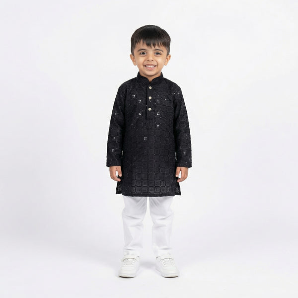 Boys Black Embroidered Kurta Set with White Pajama – Festive & Wedding Ethnic Wear for Kids