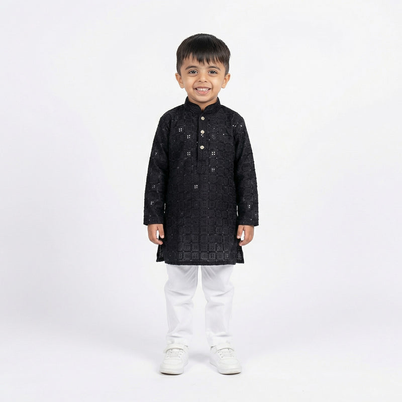 Boys Black Embroidered Kurta Set with White Pajama – Festive & Wedding Ethnic Wear for Kids