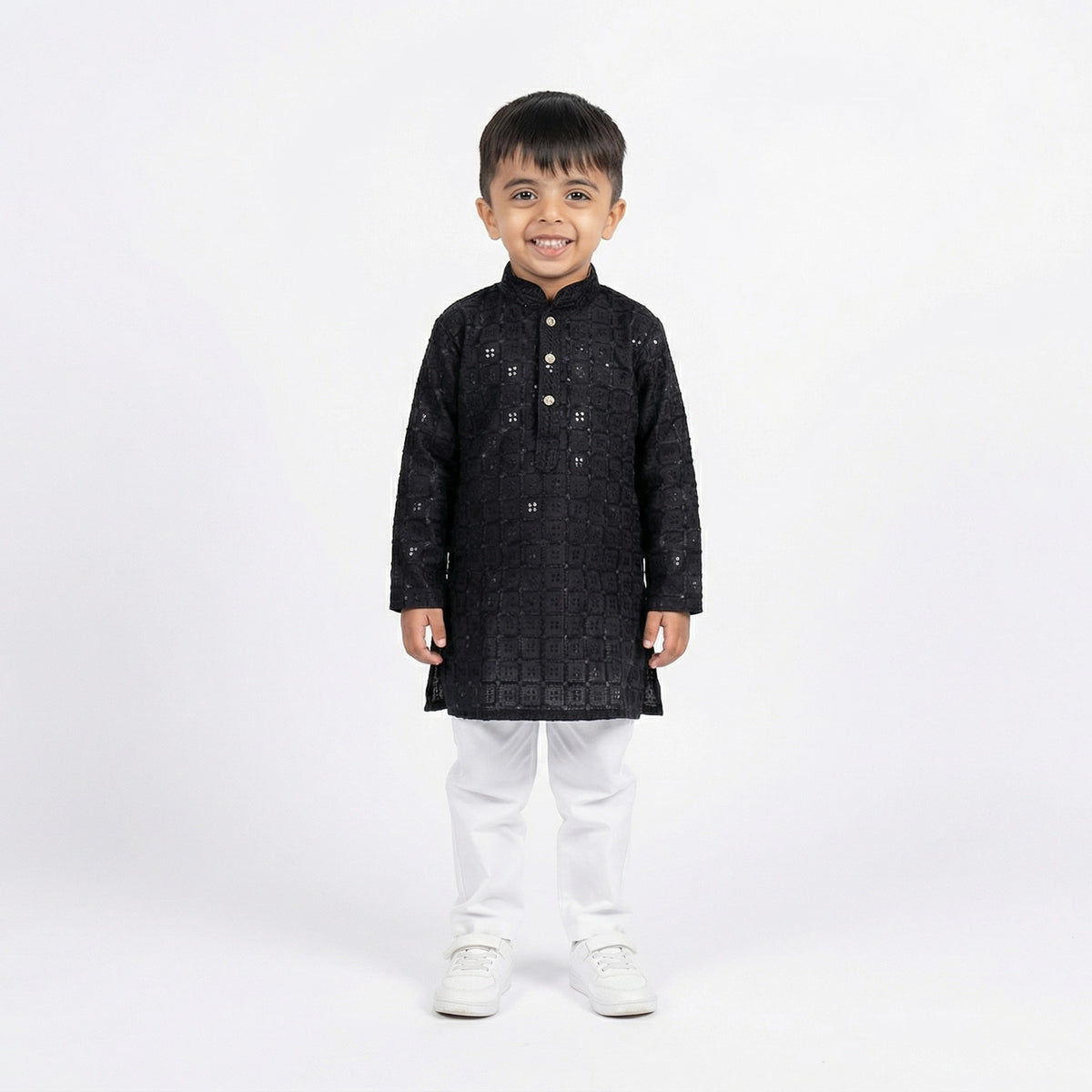 Boys Black Embroidered Kurta Set with White Pajama – Festive & Wedding Ethnic Wear for Kids - image 1