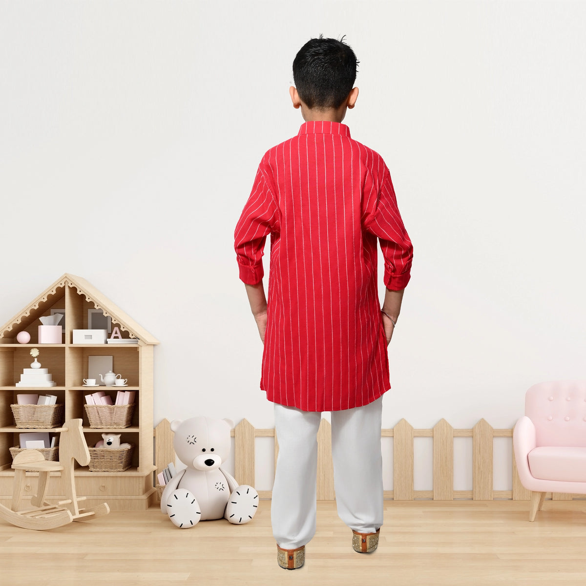 Boys Red Striped Kurta Pyjama Set – Festive Ethnic Wear for Kids - image 3