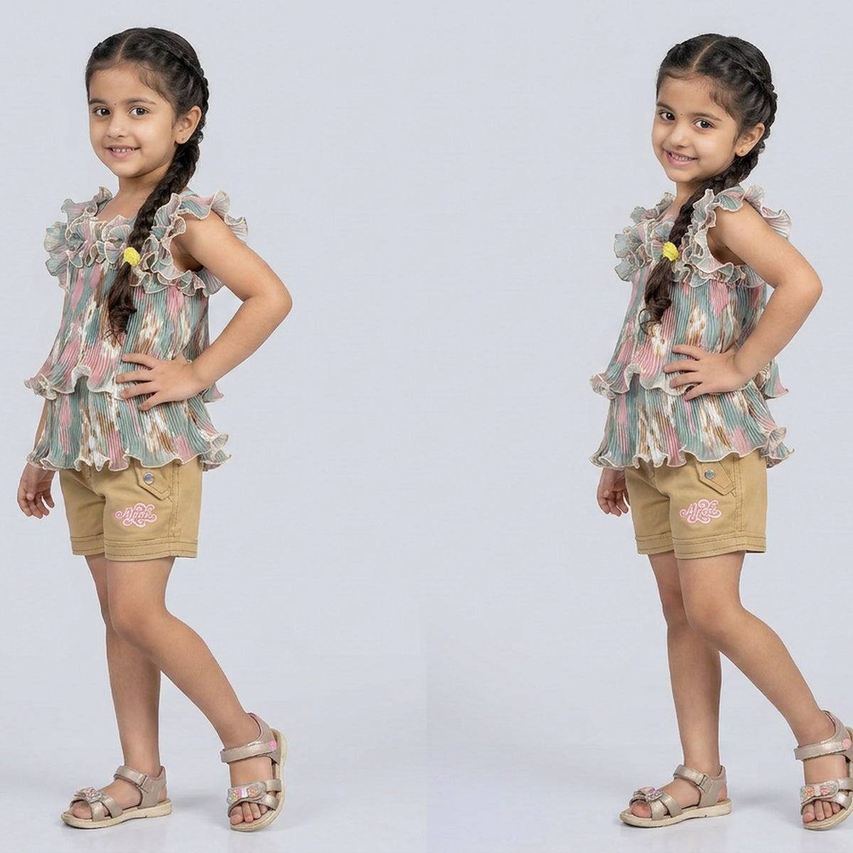 Girls Multicolor Pleated Ruffle Top with Khaki Shorts Set