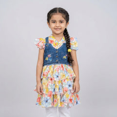 Girls Floral Layered Dress with Denim Vest – Stylish Party Wear Dress for Kids with Ruffle Layers