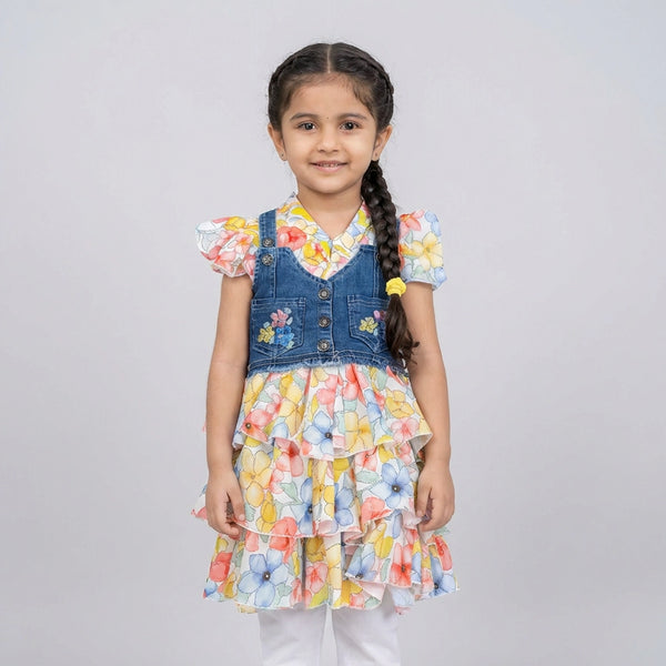 Girls Floral Layered Dress with Denim Vest – Stylish Party Wear Dress for Kids with Ruffle Layers