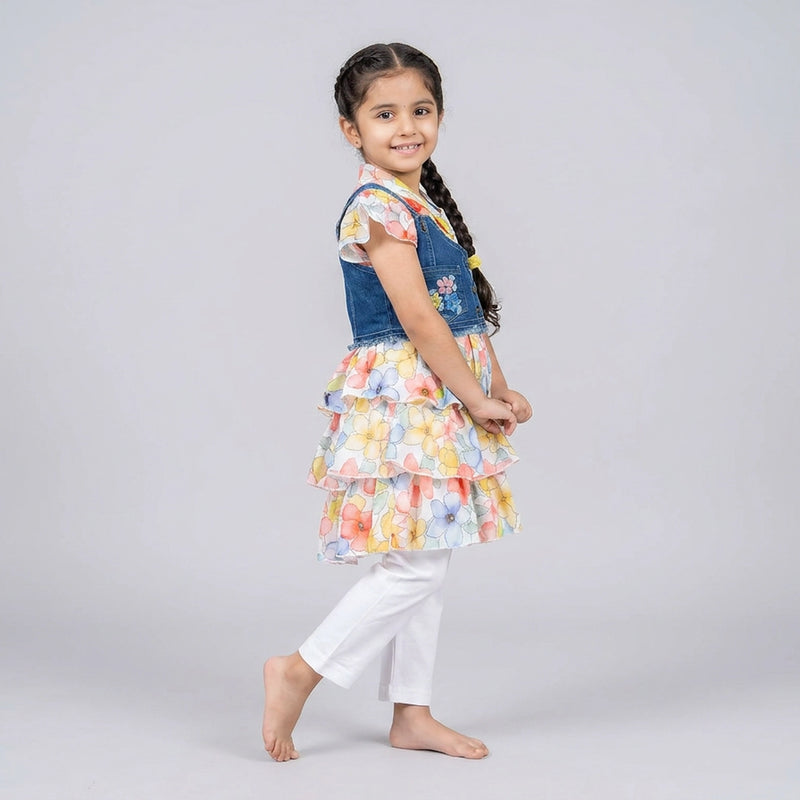 Girl wearing floral layered ruffle dress with denim vest embroidered flower details stylish party wear outfit for kids