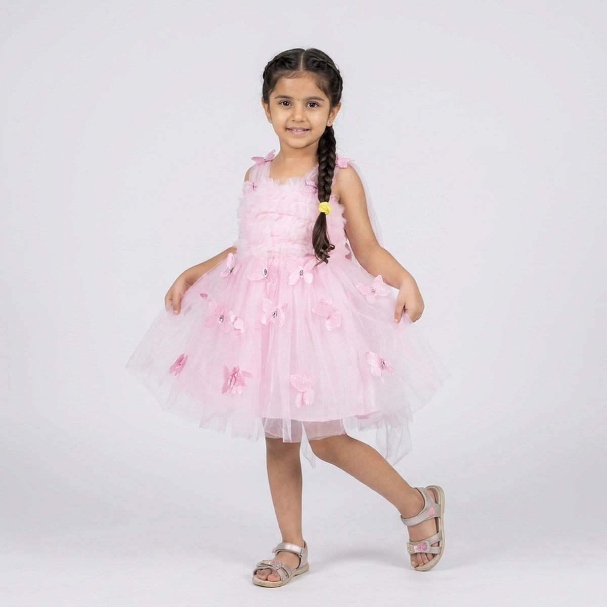 Girls Pink Tulle Butterfly Applique Party Dress with Feather Bodice