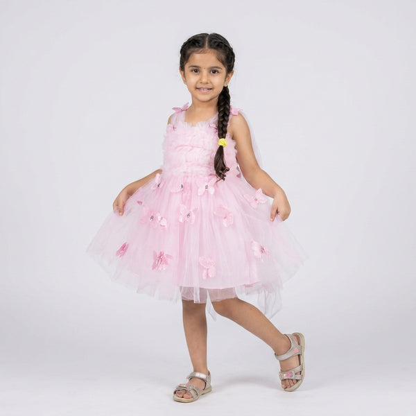 Girls Pink Tulle Butterfly Applique Party Dress with Feather Bodice