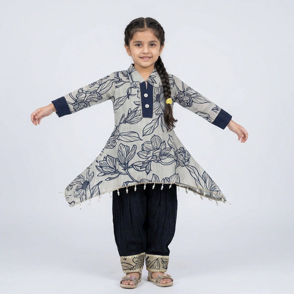Girls' Maroon Printed Cotton Ethnic Dress