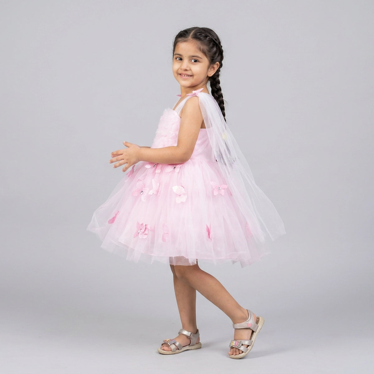 Girls Pink Tulle Butterfly Applique Party Dress with Feather Bodice
