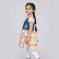 Girls Floral Layered Dress with Denim Vest – Stylish Party Wear Dress for Kids with Ruffle Layers