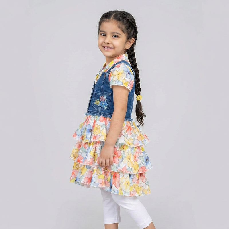Girls Floral Layered Dress with Denim Vest – Stylish Party Wear Dress for Kids with Ruffle Layers