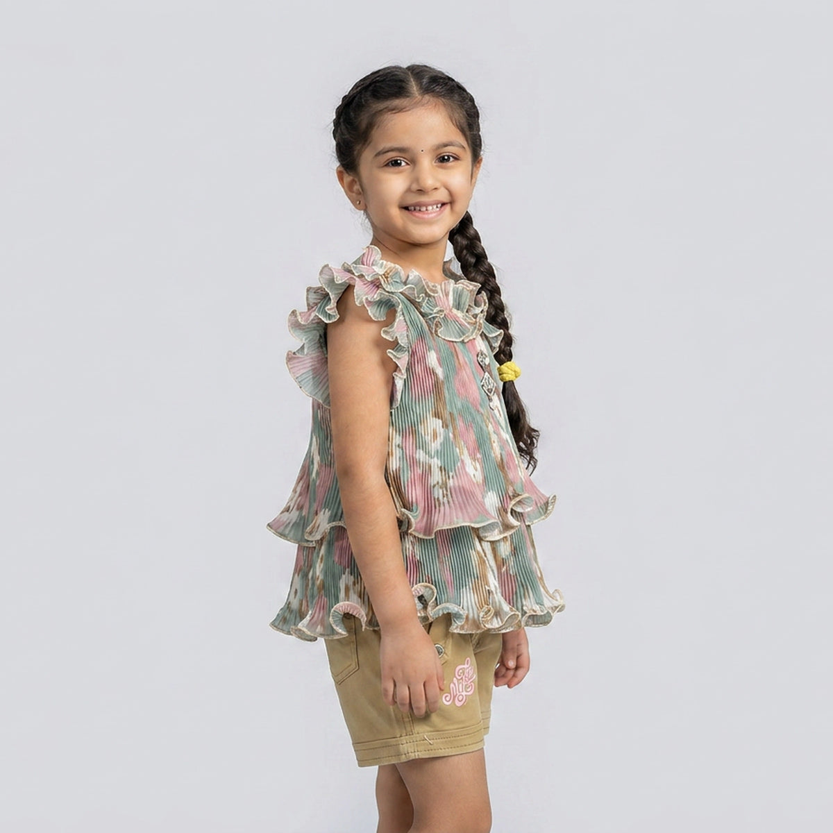 Girls Multicolor Pleated Ruffle Top with Khaki Shorts Set