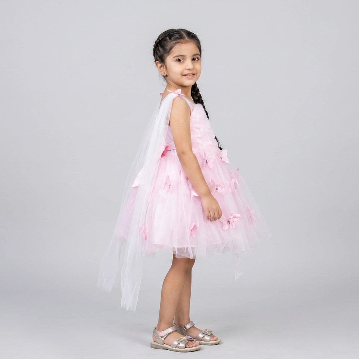 Girls Pink Tulle Butterfly Applique Party Dress with Feather Bodice
