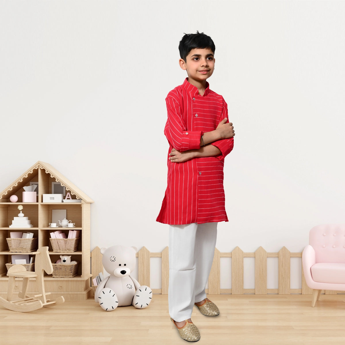 Boys Red Striped Kurta Pyjama Set – Festive Ethnic Wear for Kids - image 4