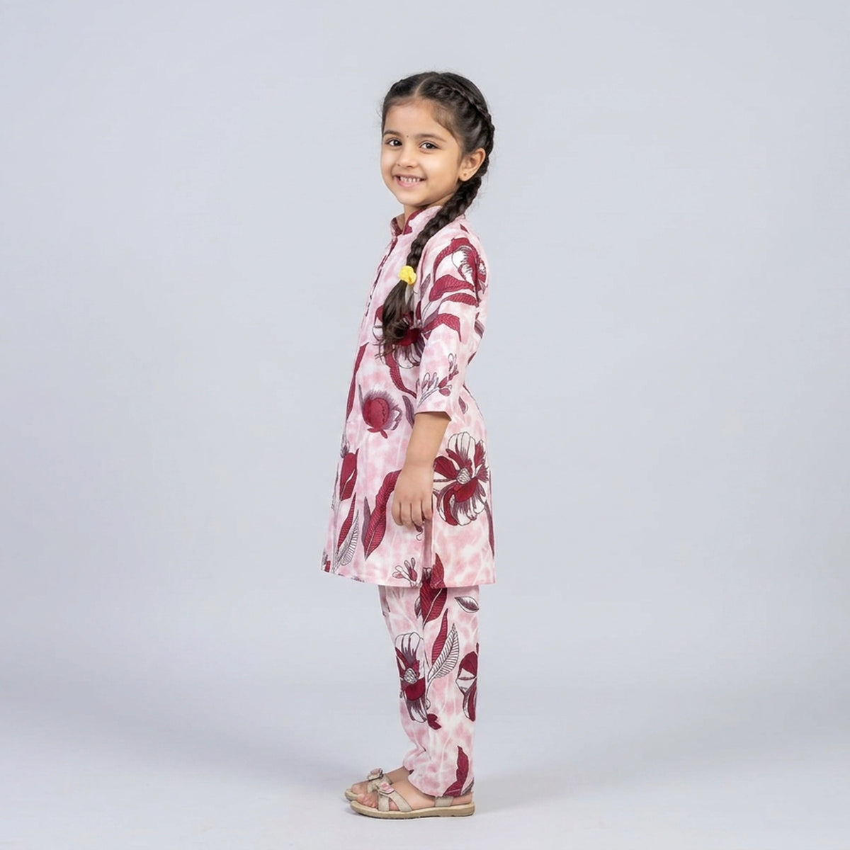 Girls Pink Floral Print Tie-Up Peplum Top with Pants Co-ord Set