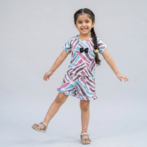 Girls Abstract Print Co-ord Set with Ruffle Shorts and Bow Detail