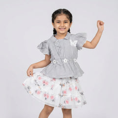 Girls Grey Pinstripe Peplum Top & Floral Layered Skirt Set – Elegant Party Wear Co-Ord Outfit for Kids