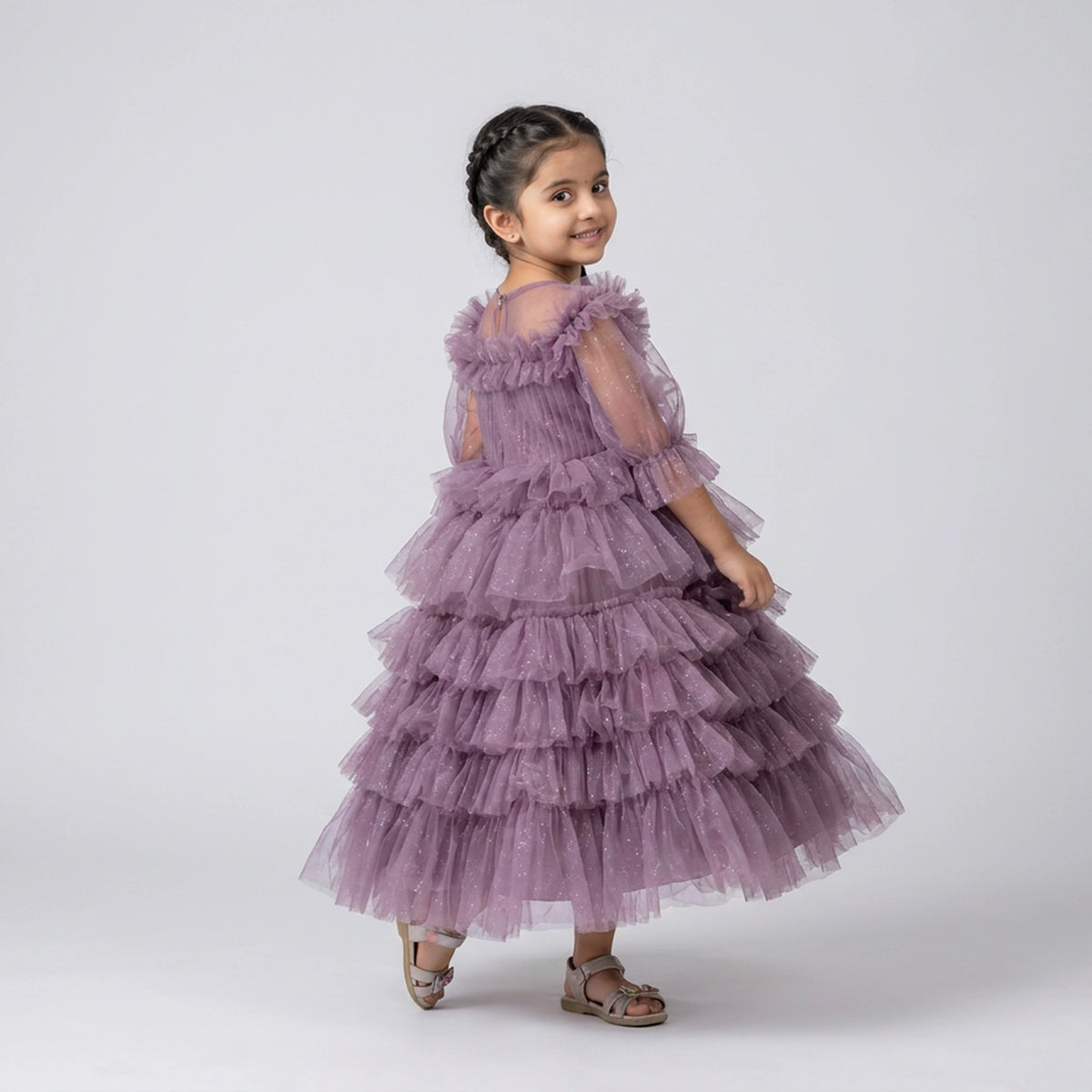 Layered Fancy Floral Bow Gown with Cut Sleeves for Kids - Elegant Party Wear