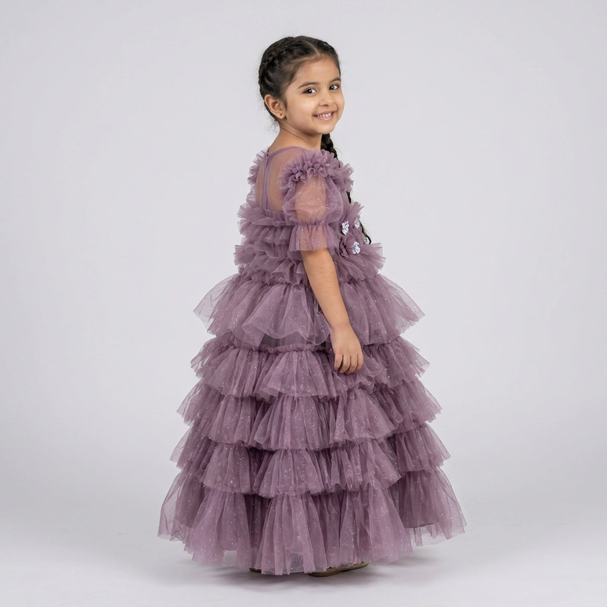 Layered Fancy Floral Bow Gown with Cut Sleeves for Kids - Elegant Party Wear